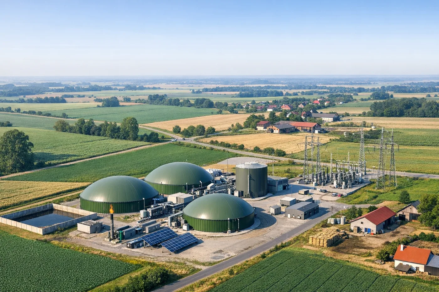 Nowoczesna biogazownia pośród pól i infrastruktury energetycznej